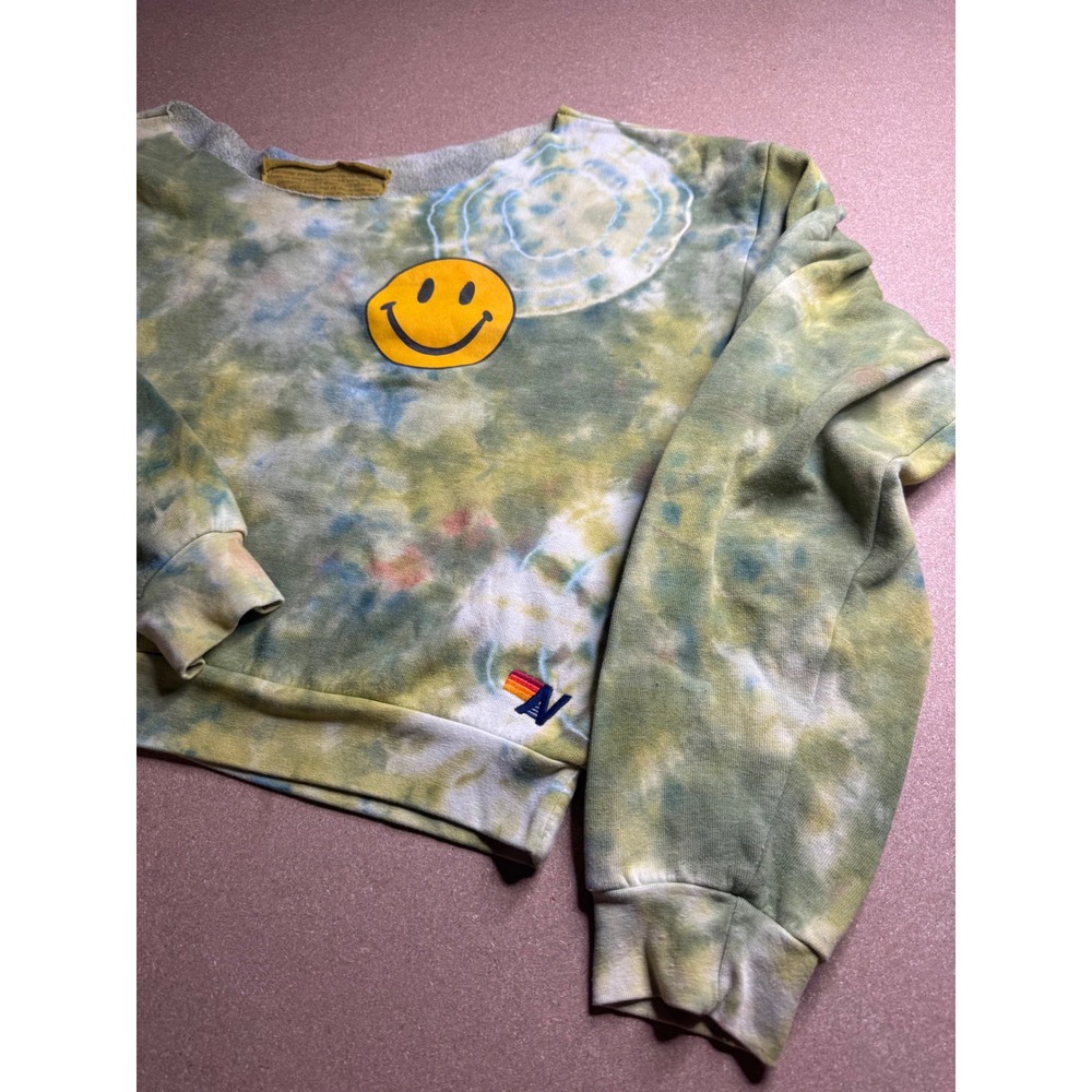 Aviator Nation Smiley Face Tie Dye Cropped Sweatshirt Green Blue XS Made in USA